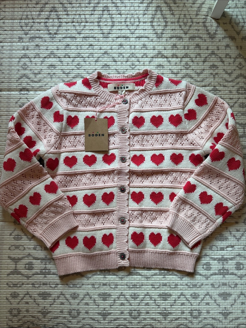 NWT Boden Pink and Red Heart Cotton-Blend Cardigan 5-6Y